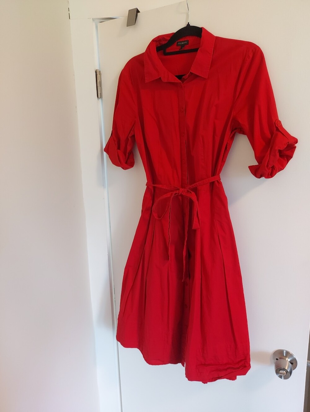 Talbots Bright Red Tee Shirt Midi Dress Cotton Size 10 Collared Cuff Sleeve